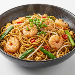 Tallarines fritos con gambas